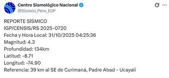 Un temblor remeció Ucayali, hoy,