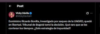 Vicky Dávila cuestionó la decisión del Tribunal y puso en duda el manejo de los tiempos en el proceso contra Ricardo Bonilla - crédito @VickyDavilaH/X