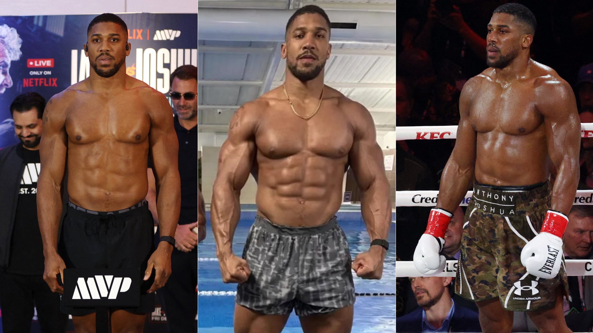 Tras escenas distintas: Anthony Joshua en el pesaje previo, días después de la pelea y durante la presentación ante Jake Paul