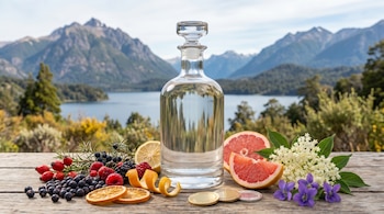 Botella de gin transparente con botánicos: enebro, frutos rojos, cítricos, flores. Medallas doradas y plateadas. Mesa de madera, montañas y lago de Patagonia de fondo.