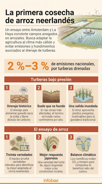 Infografía con ilustraciones de campos de arroz, esquemas de erosión del suelo, semillas de cereal e íconos de gases con el logotipo de Infobae.