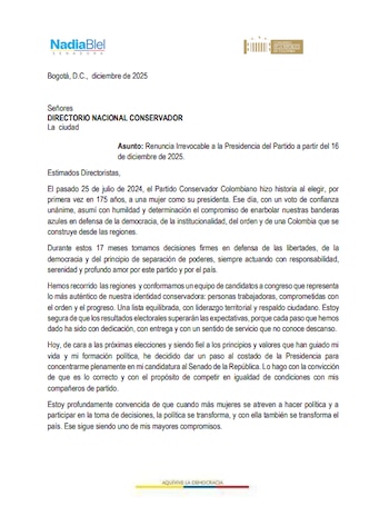 Carta de renuncia de Nadia