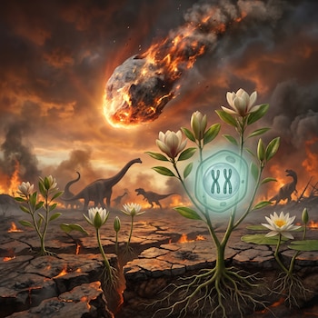 Ilustración de asteroide en llamas impactando la Tierra. Plantas con raíces en tierra agrietada, una muestra cromosomas duplicándose. Dinosaurios al fondo.