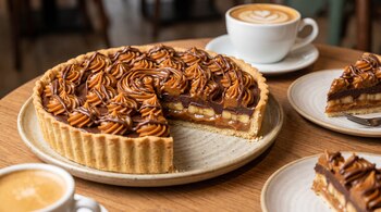 Una tarta de banana, dulce de leche y chocolate sobre una mesa de madera, con porciones cortadas en platos individuales y tazas de café.