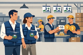 Ilustración de dos inspectores laborales con chalecos y carpetas con logo, tres trabajadores recibiendo pago, y carteles de feriados en una fábrica.