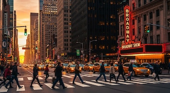 Peatones cruzan una calle en Estados Unidos con taxis amarillos, rascacielos y un letrero de neón que dice Broadway Show, con un cielo anaranjado.