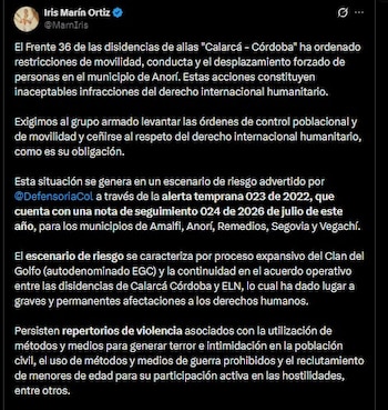 La defensora del Pueblo Iris Marín compartió el mensaje vía X la mañana del sábado 12 de septiembre de 2026 - crédito @MarnIris / X