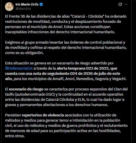 La defensora del Pueblo Iris Marín compartió el mensaje vía X la mañana del sábado 12 de septiembre de 2026 - crédito @MarnIris / X