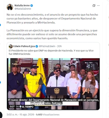 Natalia Irene Molina, exdirectora general del Departamento Nacional de Planeación, se refirió las declaraciones de De la Espriella sobre el DNP - crédito @NataliaIrene/X