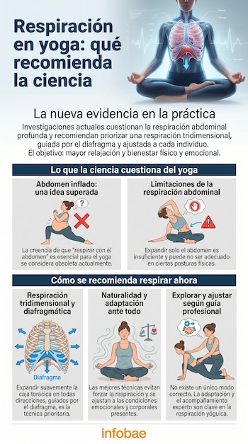 Infografía de yoga: figura humana con diafragma y pulmones. Ilustra respiración tridimensional, desaconseja la abdominal. Ejemplos de técnicas correctas e incorrectas.