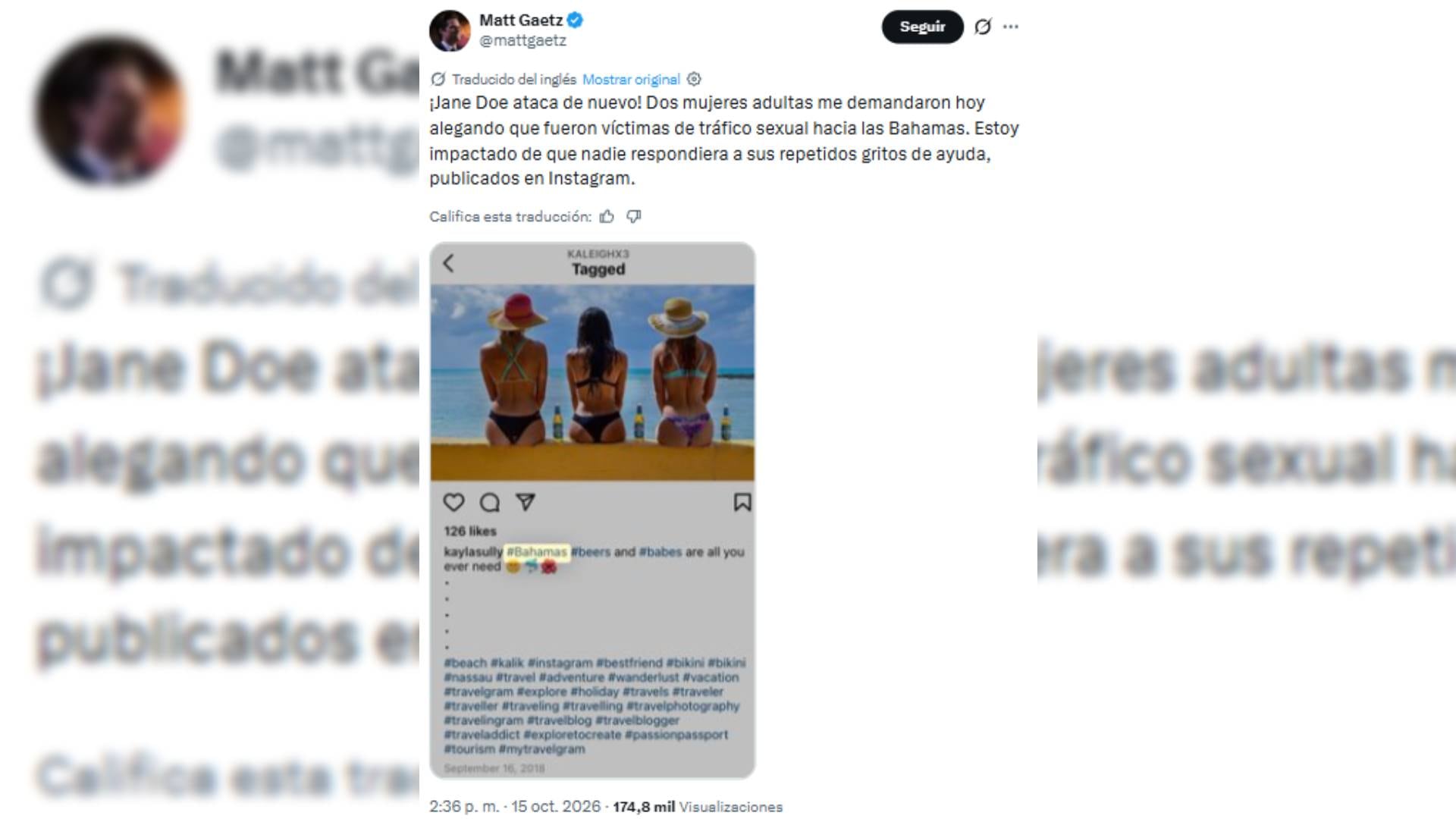 Un mensaje publicado por Matt Gaetz en redes sociales comenta una demanda judicial en su contra por acusaciones de tráfico sexual hacia Bahamas.