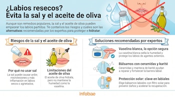 Ilustración de rostro con labios agrietados, salero, botella de aceite de oliva tachados, bálsamos labiales, vaselina, ingredientes químicos.