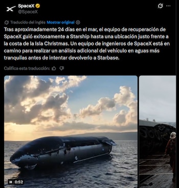 Una Starship que aterrizó en el océano Índico se encuentra siendo recuperada. (X)