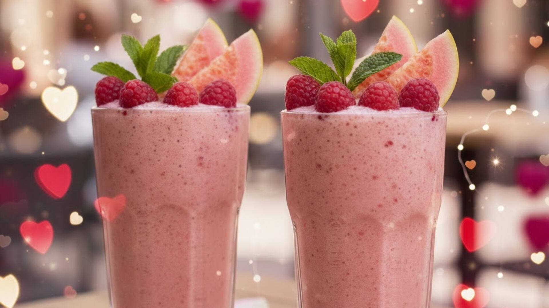 Licuado rosa de guayaba y frambuesa servido en vaso alto, decorado con frutos frescos y menta.(Gemini)