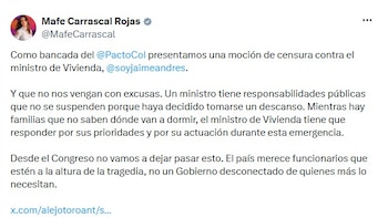 La representante María Fernanda Carrascal anunció que impulsó una moción de censura contra el ministro de Vivienda Jaime Andrés Beltrán, después de que el funcionario fuera visto el fin de semana en playas de Santa Marta - crédito @MafeCarrascal/X