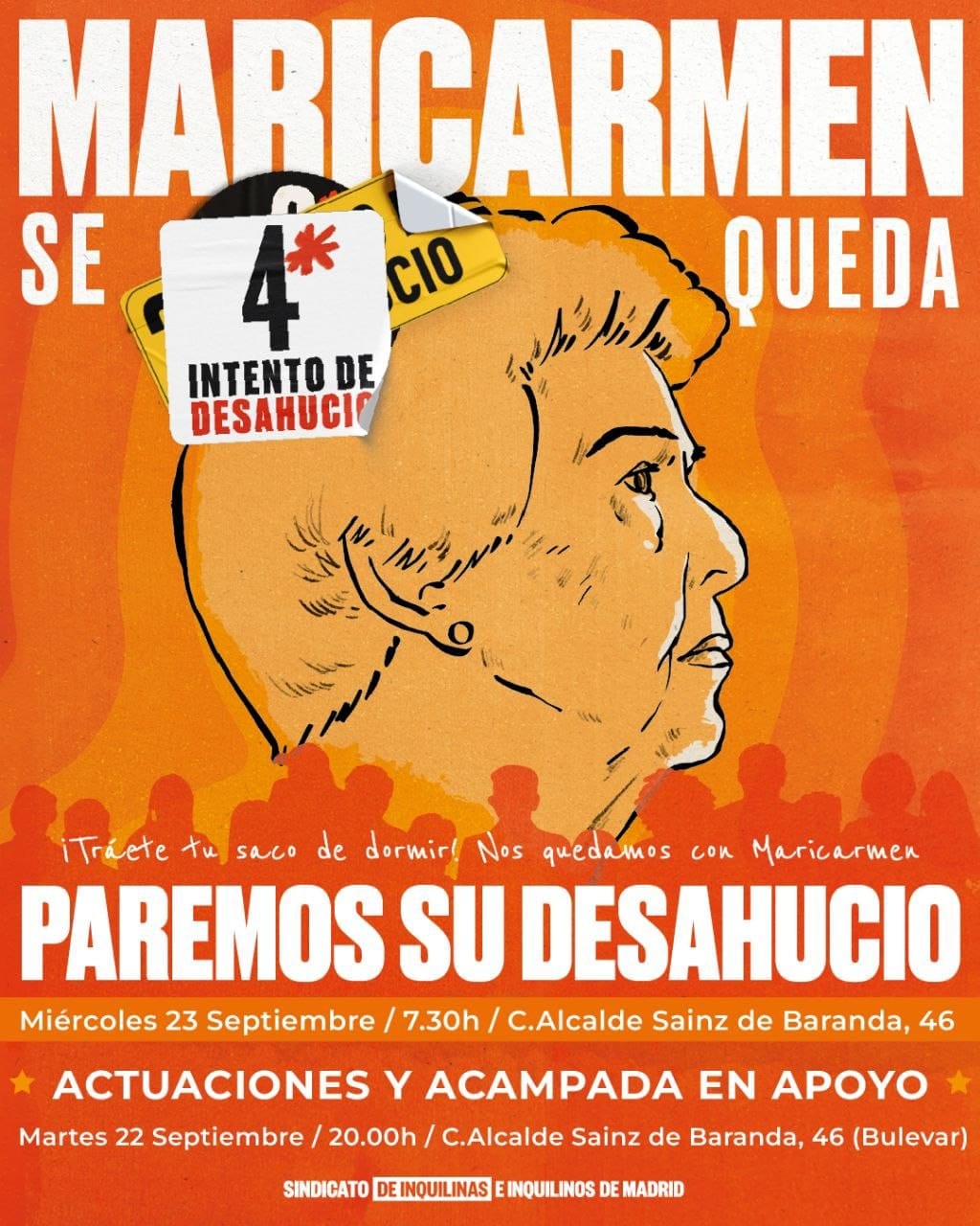 El Sindicato de Inquilinas llama a movilizarse para impedir el cuarto intento de desahucio de Maricarmen en Madrid.