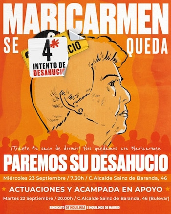 El Sindicato de Inquilinas llama a movilizarse para impedir el cuarto intento de desahucio de Maricarmen en Madrid.