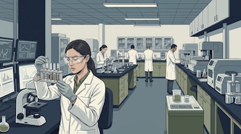 Una mujer con bata de laboratorio y gafas sostiene tubos de ensayo cerca de monitores y un microscopio en una sala de trabajo.