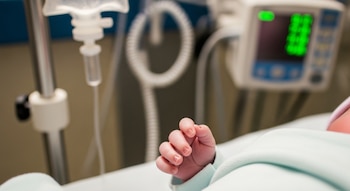 Primer plano de la mano de un bebé recién nacido en una camilla de hospital, con aparatos médicos y un poste de suero visibles al fondo.