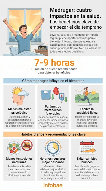 Infografía sobre madrugar: hombre estirándose en cama, despertador 6 AM. Iconos de bienestar mental, parámetros metabólicos, actividad física, alimentación, horarios y calendario. Fuente: infobae.