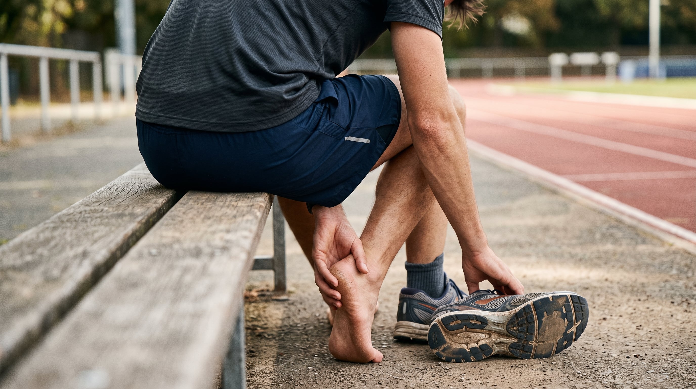 Un corredor sentado en un banco revisa su talón descalzo junto a una zapatilla usada en una pista de atletismo. (Imagen Ilustrativa Infobae)
