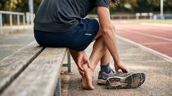 Un hombre sentado sobre un banco de madera sostiene su talón descalzo y una zapatilla deportiva.