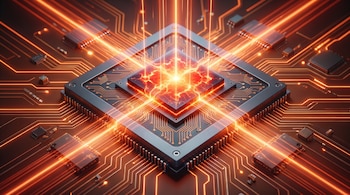 Placa redonda com microprocessador central que emite luz laranja, cercada por circuitos e componentes eletrônicos.
