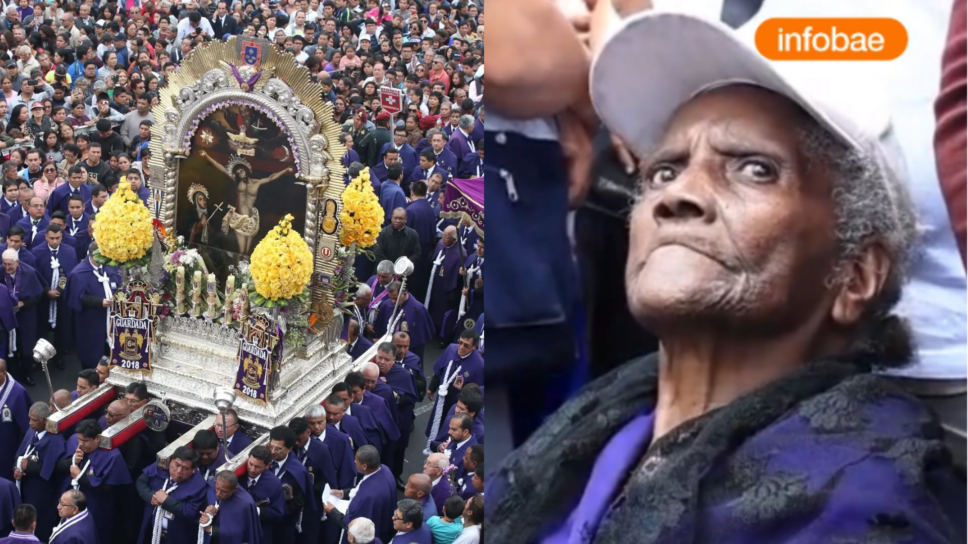 Una mujer de 98 años asiste en Lima a la procesión del Señor de los Milagros, una tradición religiosa que mantiene junto a su familia desde hace décadas. (Infobae Perú)