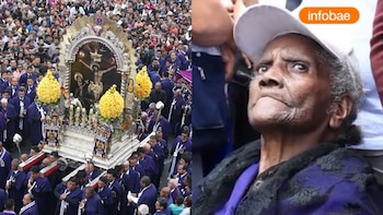 Imagen dividida con el anda del Señor de los Milagros llevada por fieles a la izquierda y el rostro de una anciana con gorra a la derecha