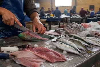 Un pescadero utiliza un cuchillo para cortar un pescado de colores sobre una mesa metálica cubierta de hielo y varios pescados.