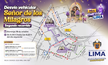 Cierres por dos días consecutivos: la Municipalidad Metropolitana de Lima restringirá el tránsito vehicular el domingo 18 y el lunes 19 de octubre por el segundo y tercer recorrido del Señor de los Milagros.