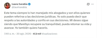 Sarabia señaló que solo sus abogados se referirán a las decisiones judiciales de su caso - crédito @laurisarabia/X