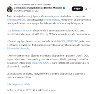 El comandante general de las Fuerzas Militares, general Hugo Alejandro López Barreto, informó sobre las acciones que están implementando para ayudar a la población de Venezuela, que sufrió dos devastadores terremotos - crédito @COMANDANTE_FFMM/X