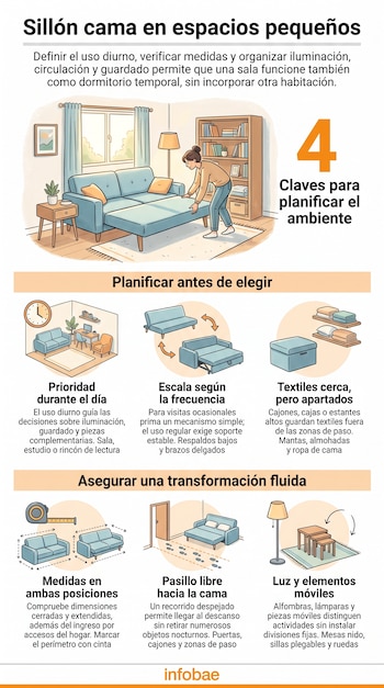 Infografía ilustrada sobre la disposición de un sofá cama, con esquemas de distribución, mobiliario auxiliar, medidas y recomendaciones escritas.