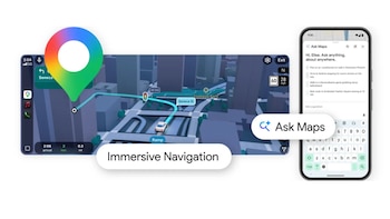 Una imagen digital que muestra Google Maps con navegación 3D inmersiva y un smartphone con la función 'Ask Maps' y teclado en pantalla