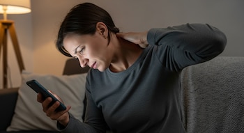 Mujer adulta con camisa gris, sentada en un sofá, se toca el cuello con la mano izquierda mientras mira un smartphone. Una lámpara y cojines se ven al fondo.