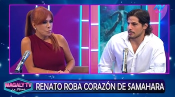 Captura de televisión dividida en dos paneles con Magaly Medina a la izquierda y Renato Rossini Jr. a la derecha frente a micrófonos