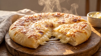 Pan redondo de queso humeante y dorado, con queso derretido estirándose al cortarlo, sobre una tabla de madera; un tazón pequeño con contenido amarillo.