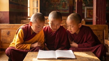 Tres jóvenes tibetanos, con túnicas azafrán y burdeos, sentados en un banco, leen un cuaderno manuscrito sobre una mesa de madera en un aula de monasterio