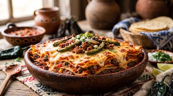 Lasagna mexicana en tazón de barro, carne, queso derretido, chiles verdes asados, queso desmoronado, cebolla, cilantro, cuchara de madera, tortillas, chiles y limas.