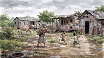 Ilustración de una mujer anciana que carga leña, tres casas de madera con ropa tendida, una vaca, vegetación abundante y cielo nublado.