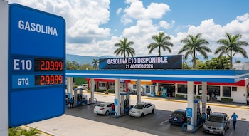 Estación de servicio en Guatemala bajo un cielo azul, con un cartel digital que muestra "GASOLINA E10 DISPONIBLE 21 AGOSTO 2026", bombas y vehículos.