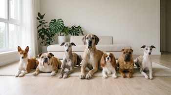 Siete perros de diferentes razas (Basenji, Bulldog inglés, Greyhound, Gran danés, Cavalier King Charles Spaniel, Shar Pei y Whippet) en una alfombra beige en una sala.