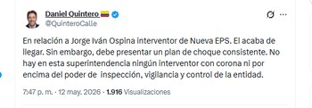 El superintendente Daniel Quintero respondió a Jorge Iván Ospina - crédito @QuinteroCalle/X