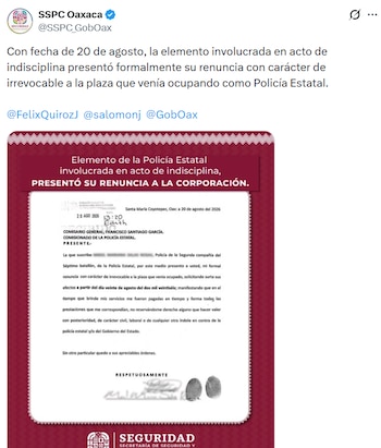 La SSPC abrió una investigación para determinar si la agente incurrió en una falta y posteriormente confirmó que presentó su renuncia con carácter irrevocable. (Captura de pantalla)
