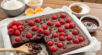 Vista aérea de un brownie de chocolate recién horneado con frambuesas y chispas de chocolate en una bandeja, junto a ingredientes como harina y huevos.