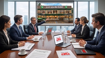 Seis personas en una sala de reuniones, un hombre apunta a una proyección de un restaurante La Casa de Toño. Documentos y laptops con el logo Grupo Gigante.