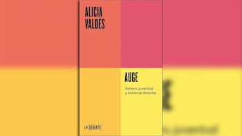 Portada del libro 'Auge' de Alicia Valdés, con un diseño dividido en cuatro bloques de colores: naranja, rosa y dos tonos de amarillo, mostrando el título y la autora