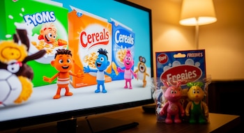 Una pantalla de televisión exhibe cajas de cereales y personajes animados. Junto al televisor, se observan juguetes promocionales de plástico en un blíster.