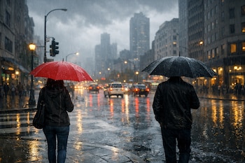 Dos personas caminan por una calle mojada de la ciudad bajo la lluvia, una con paraguas rojo y otra con paraguas negro, con coches y edificios de fondo.